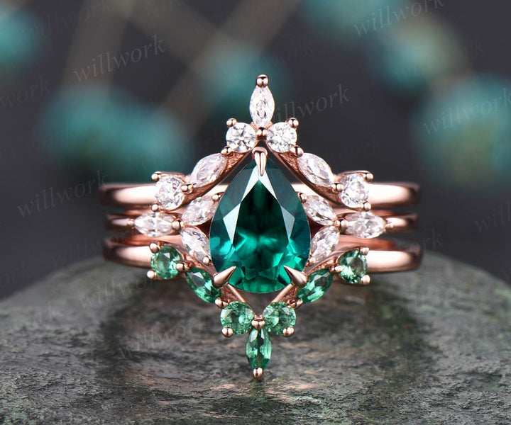 3pcs emerald engagement ring set vintage marquise emerald ring for women rose gold ring unique moissanite ring set bridal wedding ring set