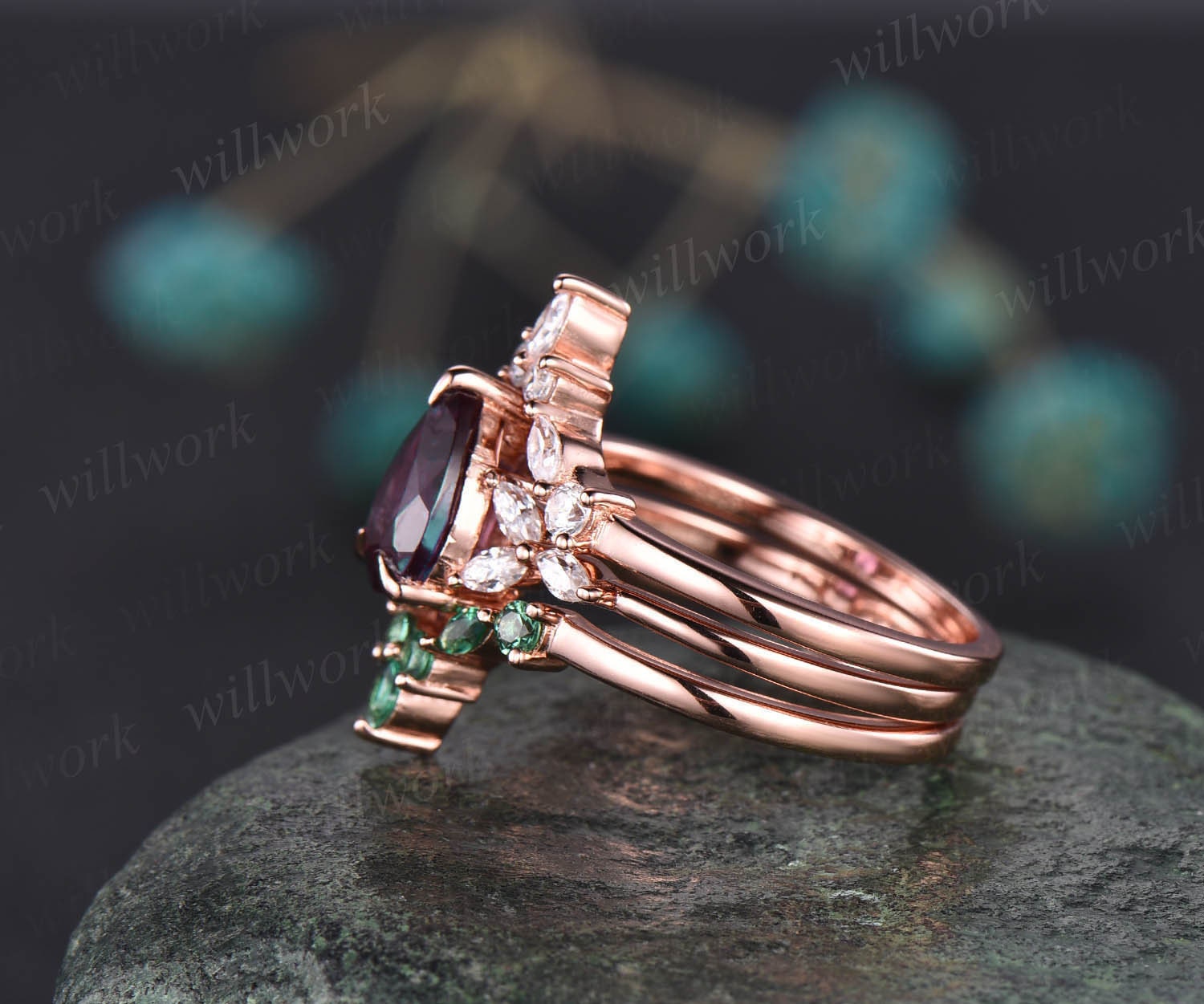 Dainty Round Alexandrite Engagement store Ring Set 2pcs Vintage Emerald Bridal Ring Set Rose Gold Art Deco Marquise cut Ring Set for Women