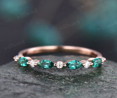 Marquise emerald ring emerald wedding band real diamond wedding ring band diamond ring for women 14k rose gold unique vintage ring gift