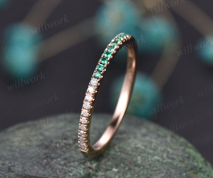 Vintage natural emerald ring for women rose gold ring unique emerald wedding band diamond wedding ring band birthday gift anniversary ring