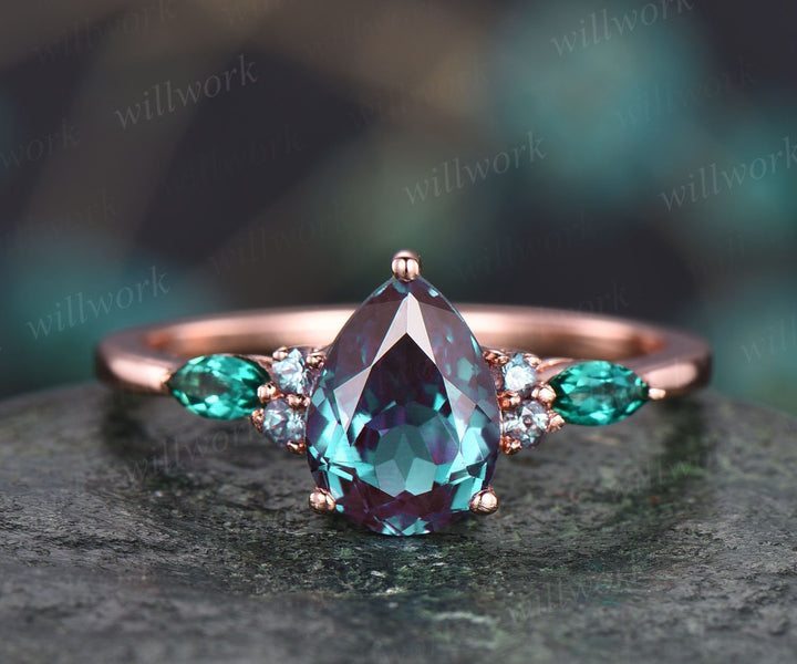 Teardrop shape Alexandrite engagement ring vintage Alexandrite jewelry marquise emerald ring for women rose gold dainty ring unique ring