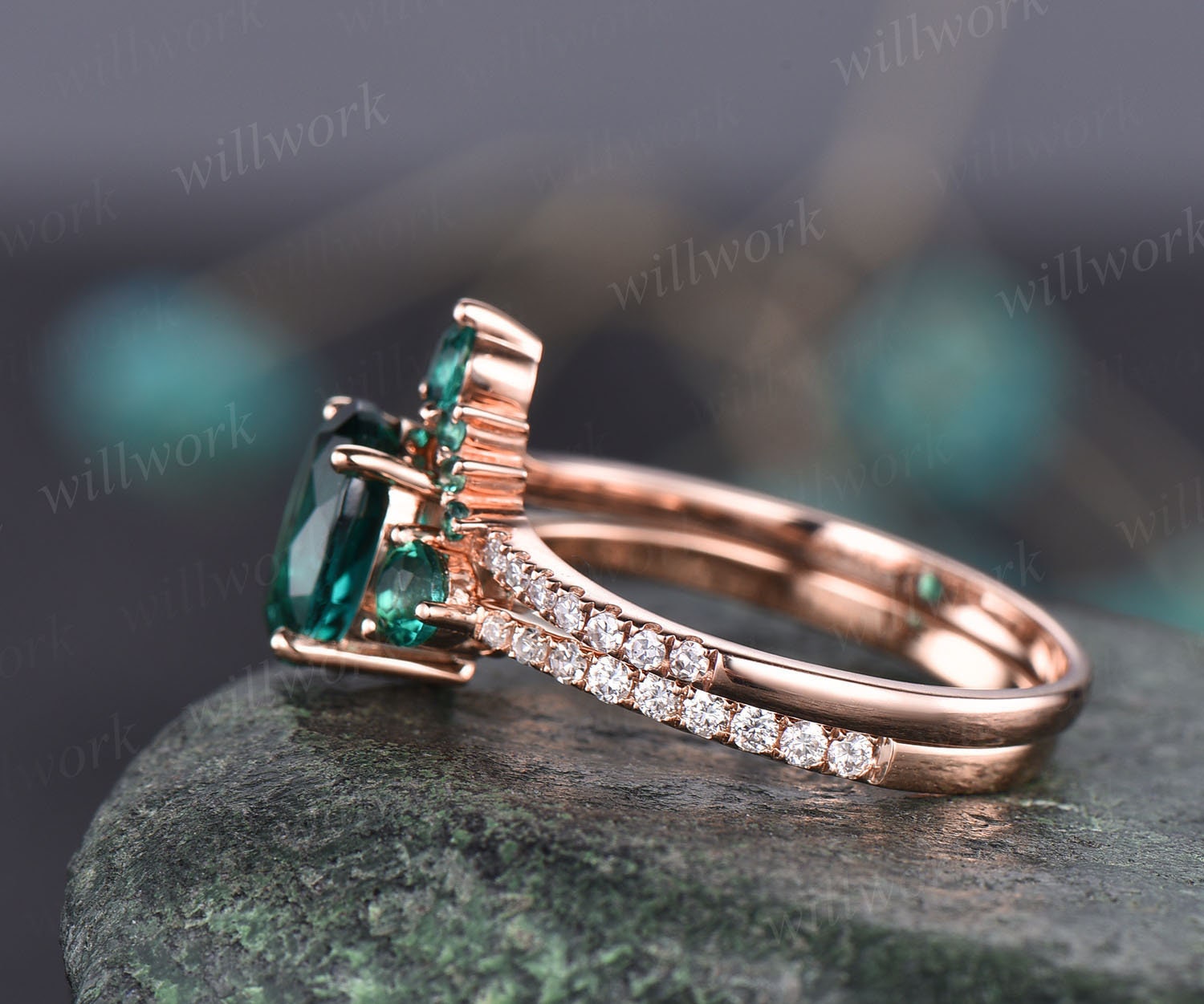 Vintage Oval Emerald Engagement Ring White Gold Women Bridal Set 1.2 Carat