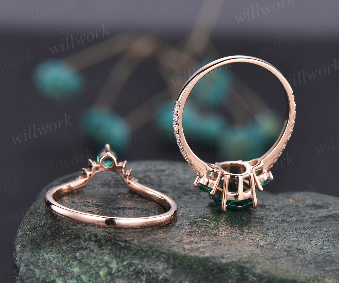Oval emerald engagement ring set for women vintage emerald bridal set solid rose gold unique dainty jewelry wedding ring diamond ring gift