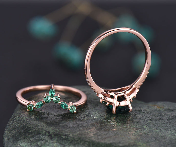 2pcs oval shaped emerald engagement ring set for women rsoe gold ring vintage art deco emerald wedding band unique bridal set diamond ring