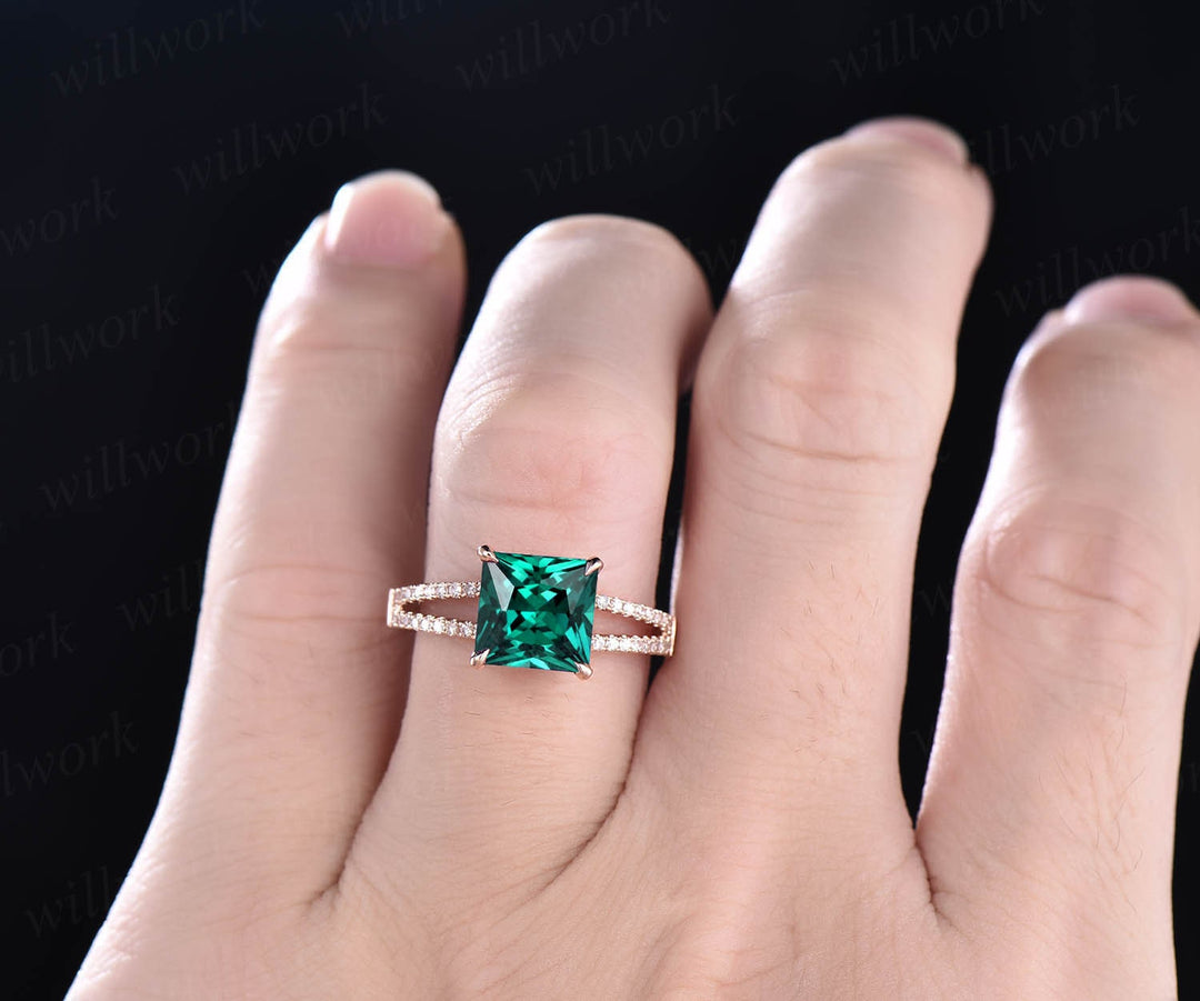 8mm Princess cut emerald engagement ring for women 14k rose gold vintage split shank diamond ring emerald jewelry best engagement ring gift