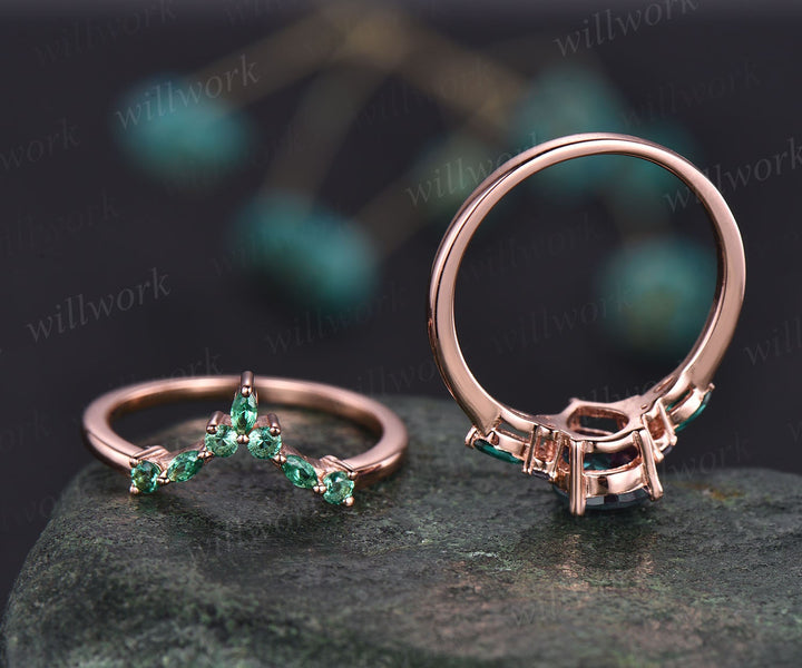 Best engagement ring 2pcs pear shaped Alexandrite engagement ring set for women marquise emerald wedding band unique bridal ring set jewelry