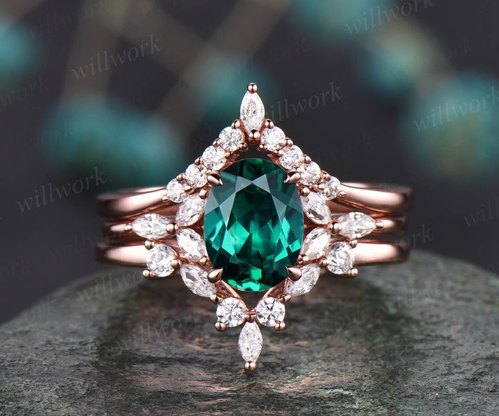 3pcs emerald engagement ring set emerald ring for women vintage rose gold unique bridal set art deco best engagement ring moissanite jewelry