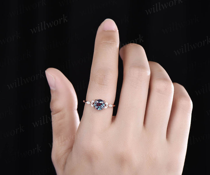 Round shaped Alexandrite engagement ring rose gold marquise moissanite ring for women June birthstone jewelry unique vintage bridal ring