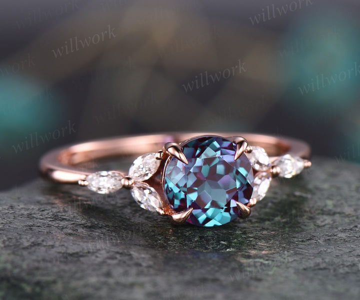 Round shaped Alexandrite engagement ring rose gold marquise moissanite ring for women June birthstone jewelry unique vintage bridal ring