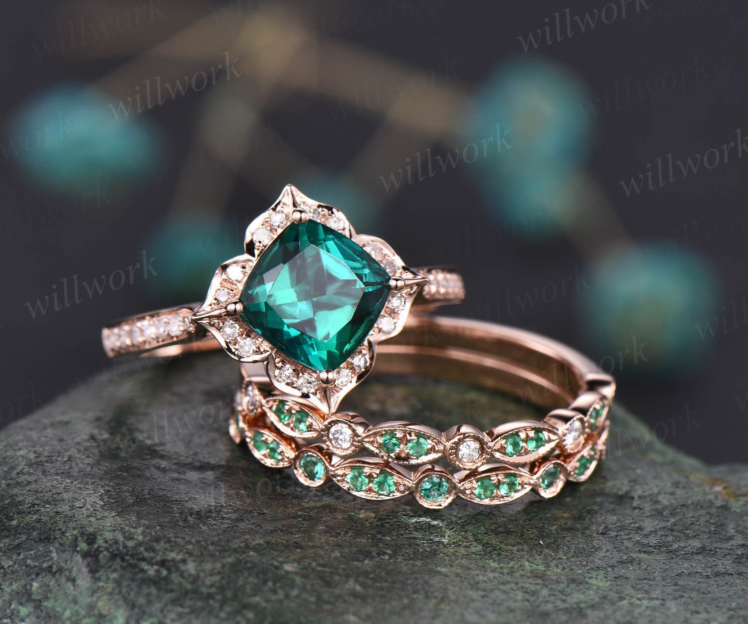 Halo Emerald Engagement Ring Set Pear Cut Emerald Diamond Cluster Ring Rose  Gold Bridal Set