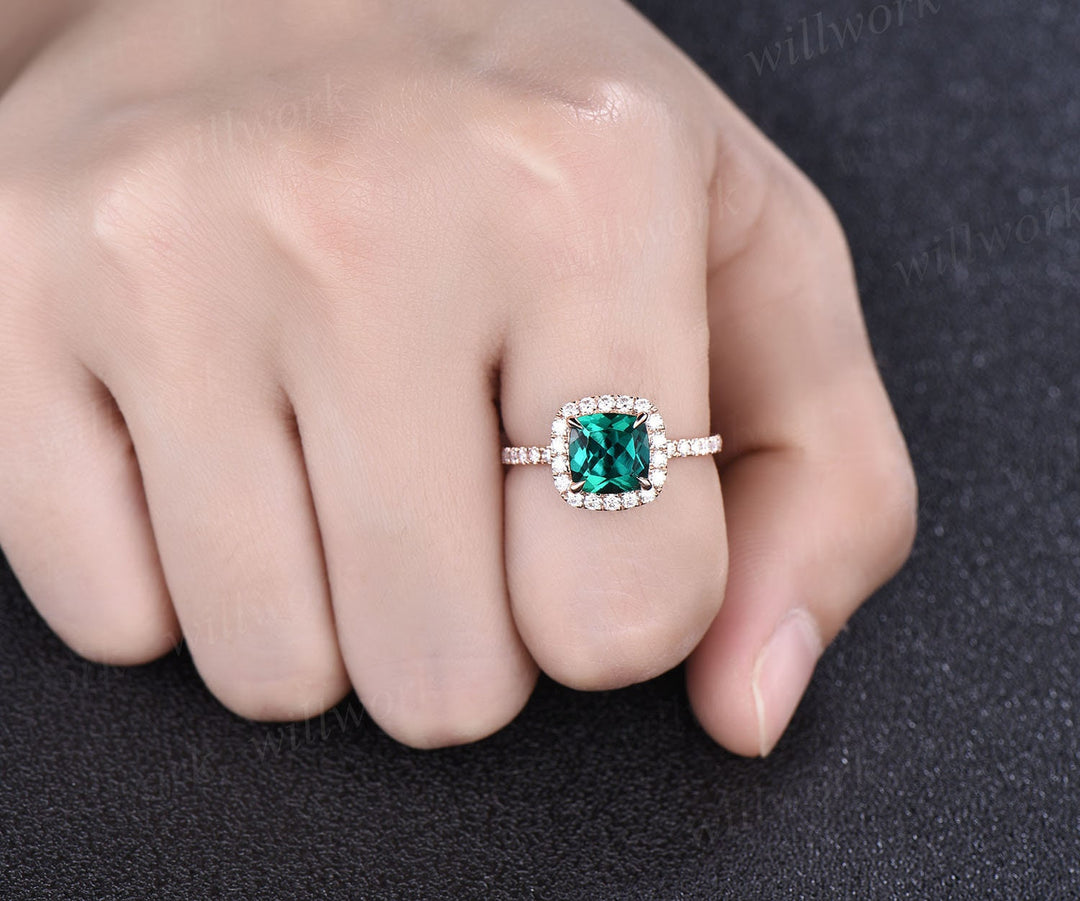 7mm cushion cut emerald engagement ring solid 14k rose gold moissanite halo ring emerald ring gold vintage bridal wedding promise ring