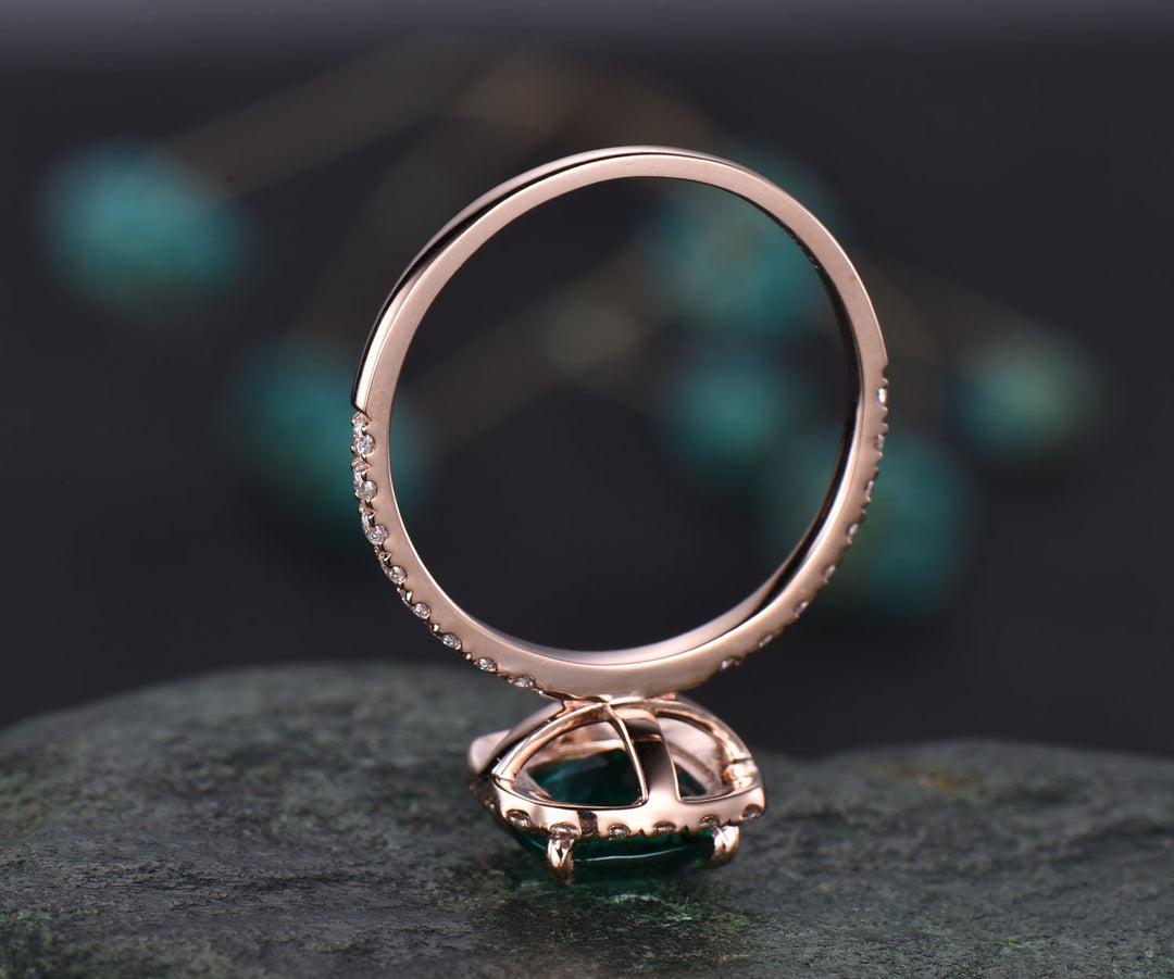 7mm cushion cut emerald engagement ring solid 14k rose gold moissanite halo ring emerald ring gold vintage bridal wedding promise ring