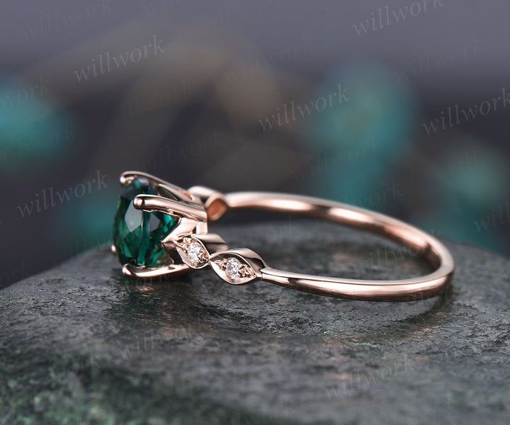 6.5mm round emerald engagement ring art deco diamond ring for women antique rose gold ring May birthstone jewelry marquise ring bridal ring