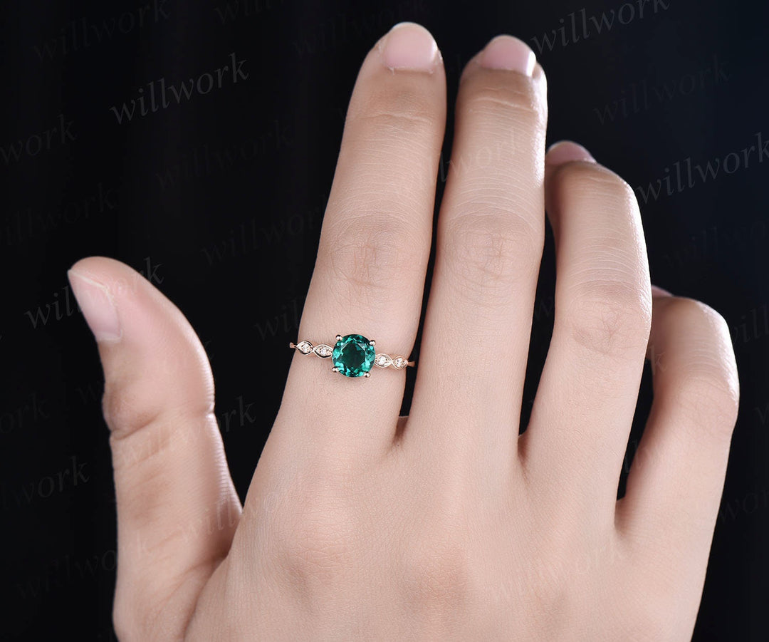 6.5mm round emerald engagement ring art deco diamond ring for women antique rose gold ring May birthstone jewelry marquise ring bridal ring