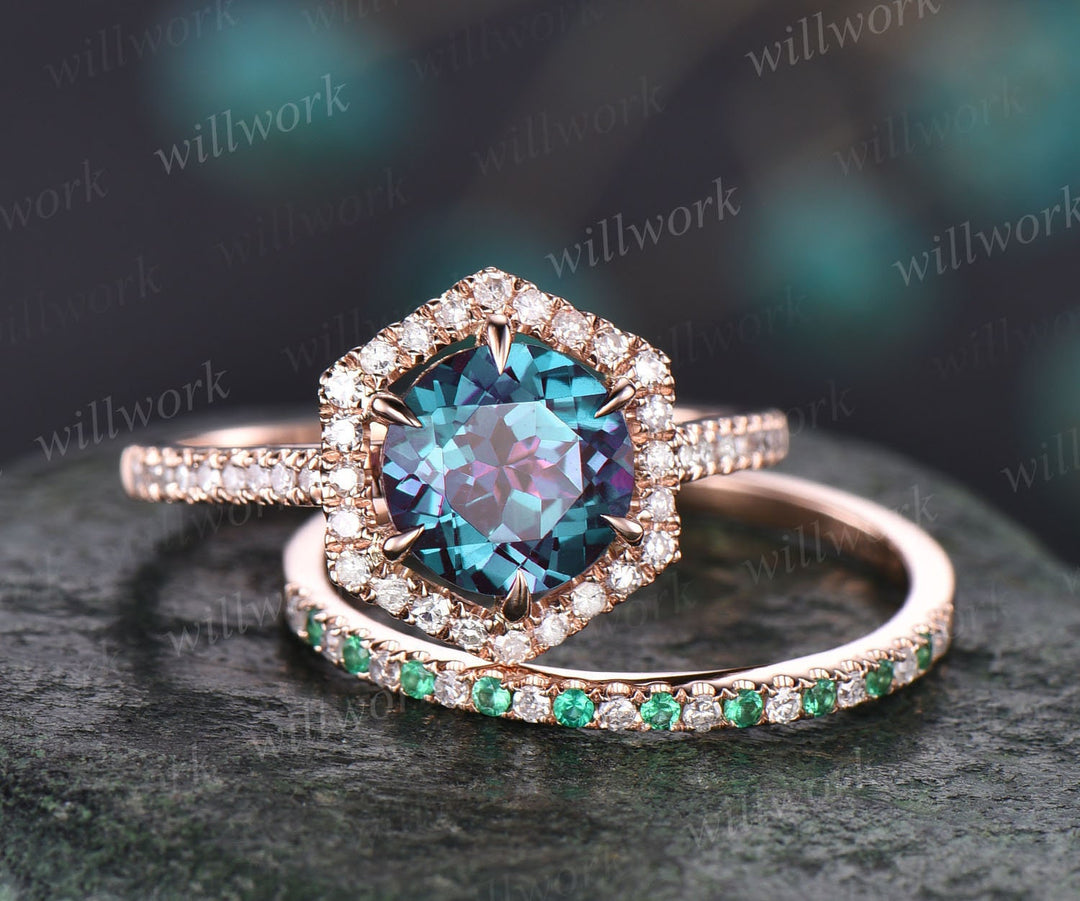Hexagon halo diamond ring round shaped Alexandrite engagement ring set for women natural emerald wedding band jewelry unique bridal set gift