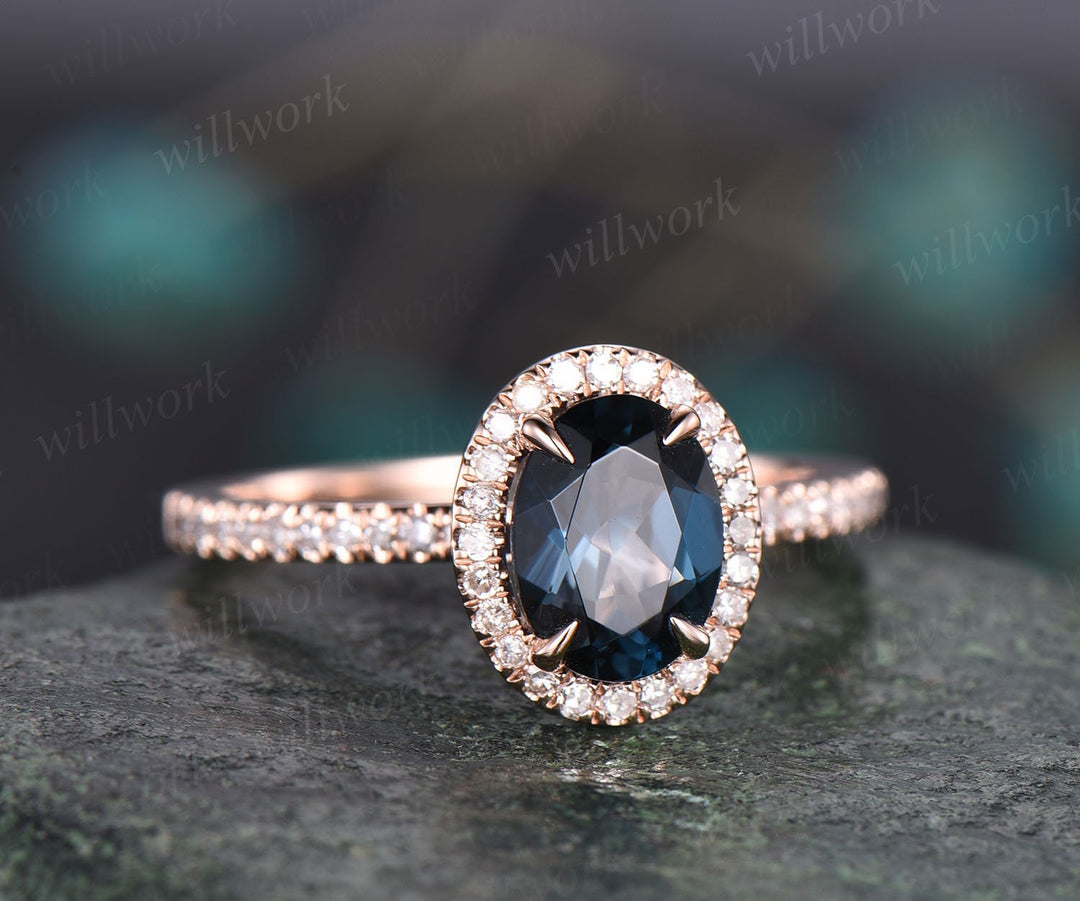 Oval shaped London blue topaz engagement ring rose gold ring for women diamond halo ring tapaz ring jewelry vintage unique bridal ring gift