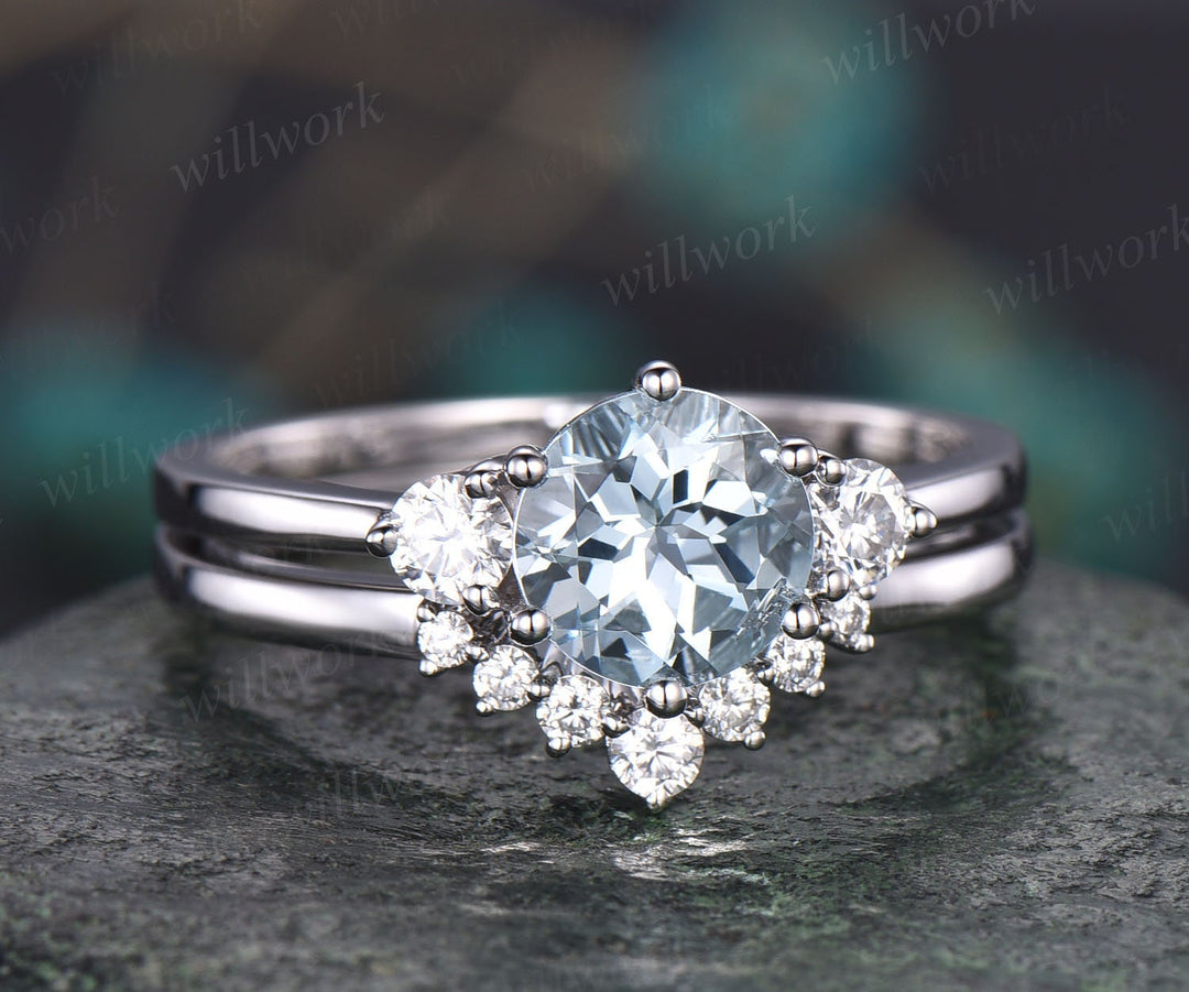 Round aquamarine ring set vintage aquamarine engagement ring set rose gold ring set moissanite ring set for women March birthstone ring gift