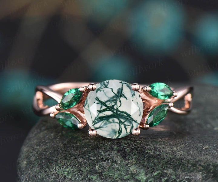 Round shaped moss agate engagement ring vintage moss agate ring art deco emerald ring for women marquise ring emerald jewelry promise ring