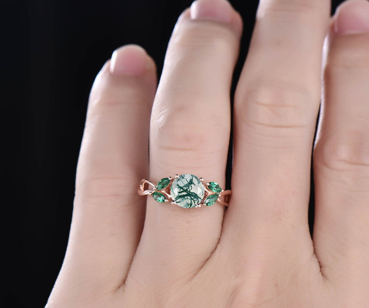 Round shaped moss agate engagement ring vintage moss agate ring art deco emerald ring for women marquise ring emerald jewelry promise ring