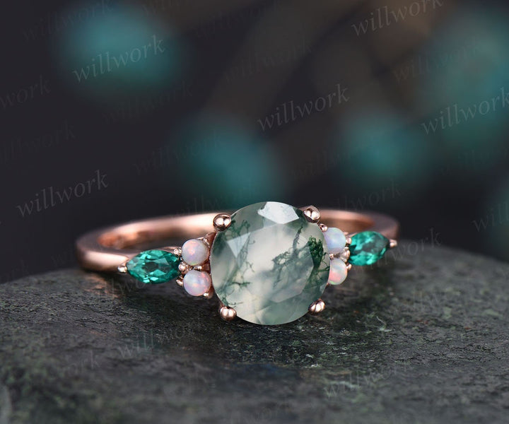 Vintage moss agate engagement ring unique opal ring marquise emerald ring rose gold ring women jewelry birthday gift bridal anniversary ring
