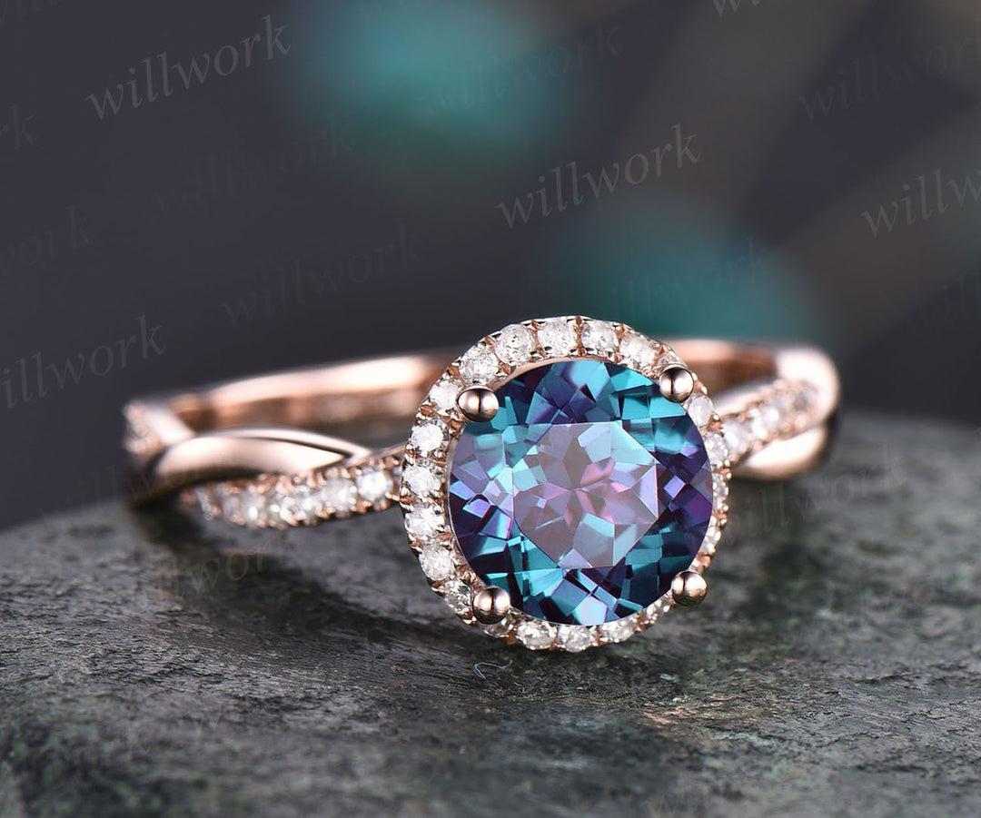 Round shaped Alexandrite ring vintage Alexandrite engagement ring solid 14k rose gold ring infinity diamond halo ring women dainty jewelry