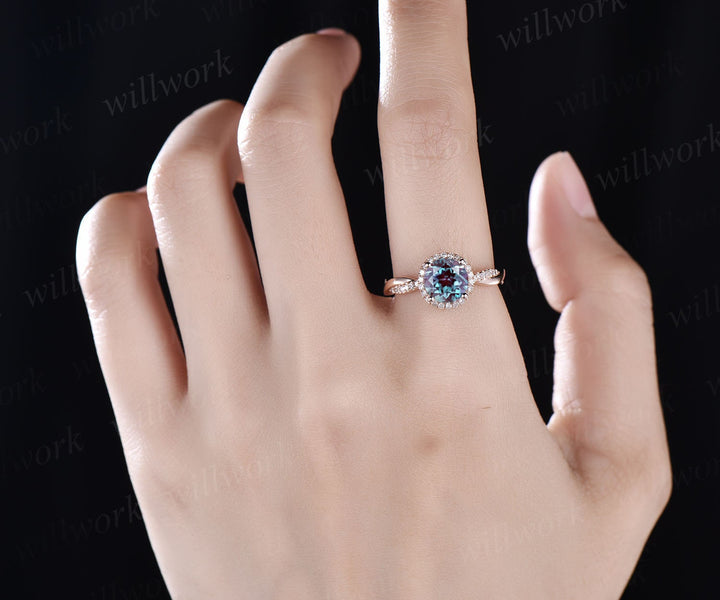Round shaped Alexandrite ring vintage Alexandrite engagement ring solid 14k rose gold ring infinity diamond halo ring women dainty jewelry