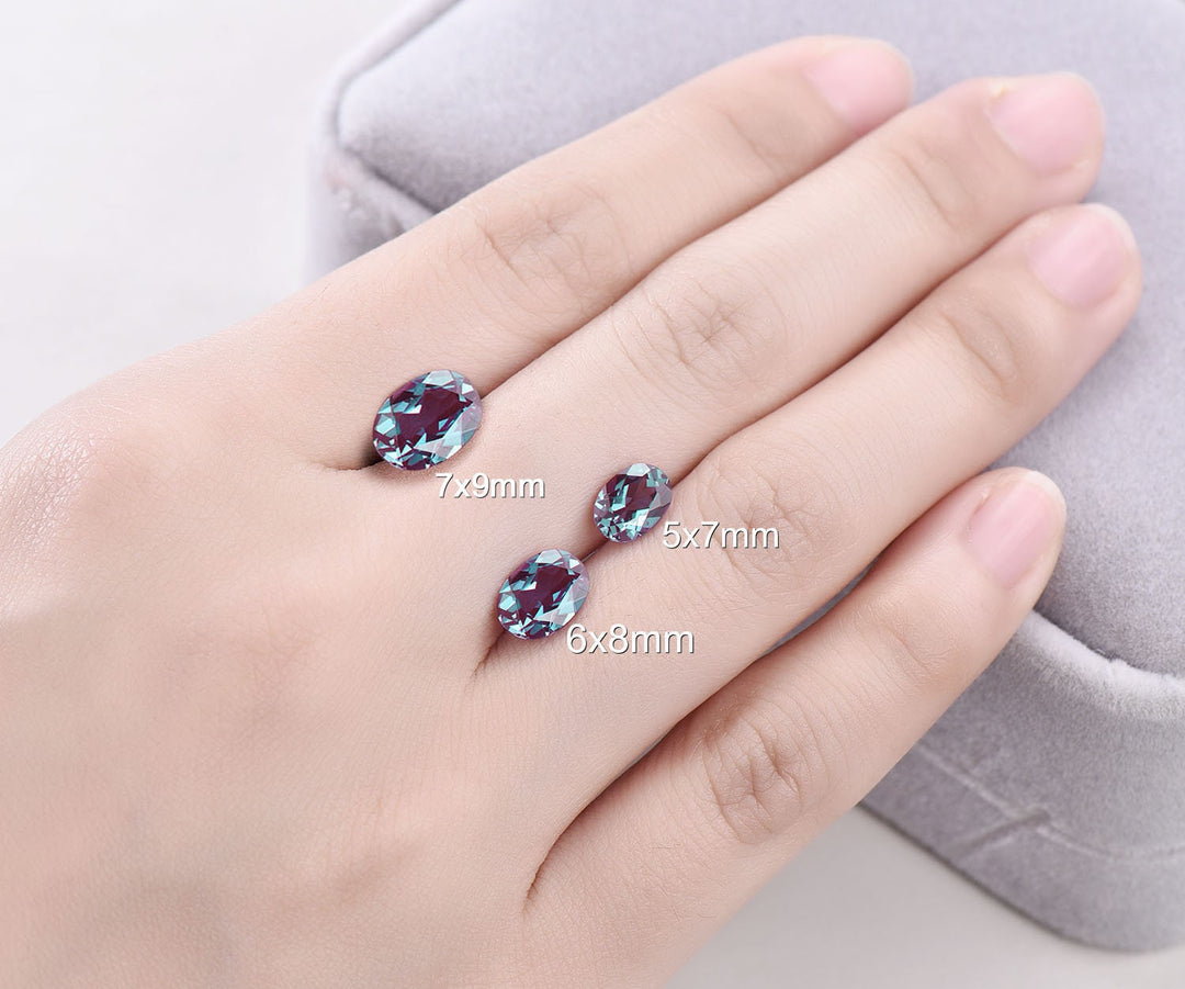 7x9mm oval shaped Alexandrite engagement ring unique vintage three stone moissanite engagement ring for women rose gold ring birthday gift