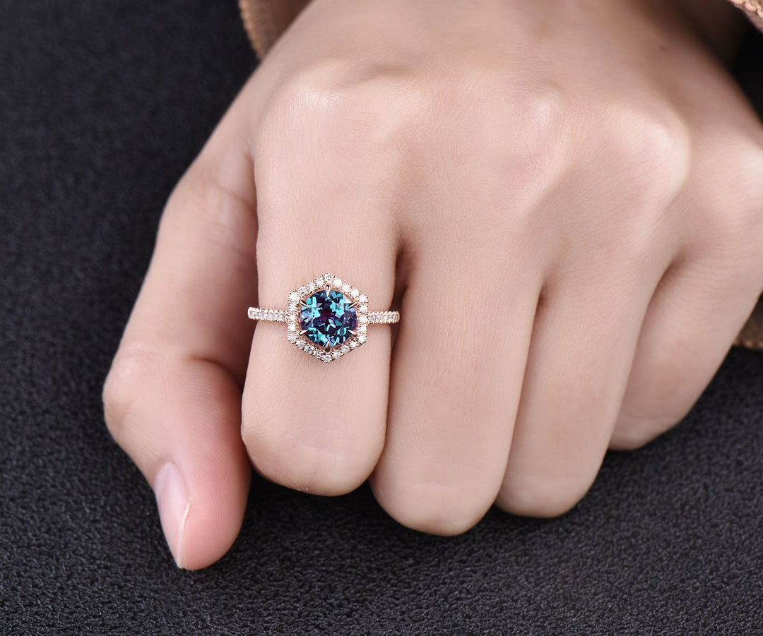Hexagon halo diamond ring 7mm round shaped Alexandrite engagement ring rose gold ring for women jewelry unqiue wedding ring bridal ring gift