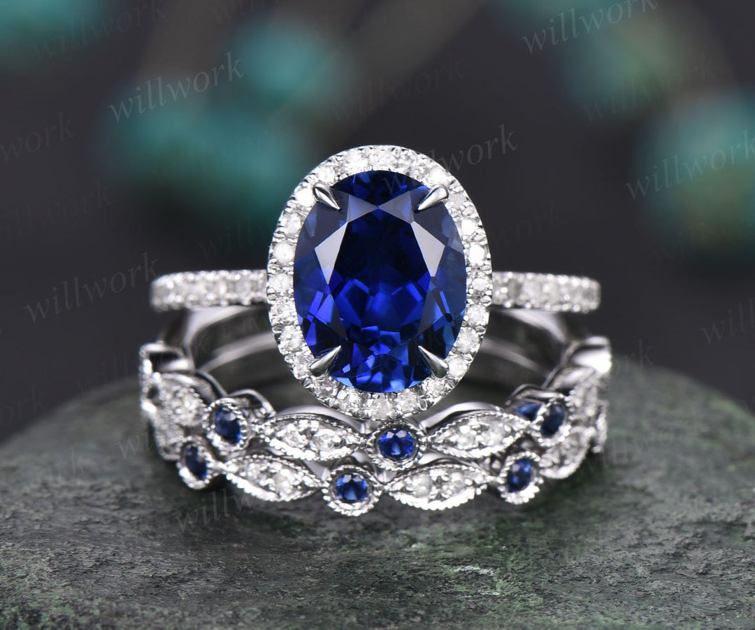Oval 7x9mm sapphire ring set vintage sapphire engagement ring set diamond natural sapphire ring set white gold September birthstone ring