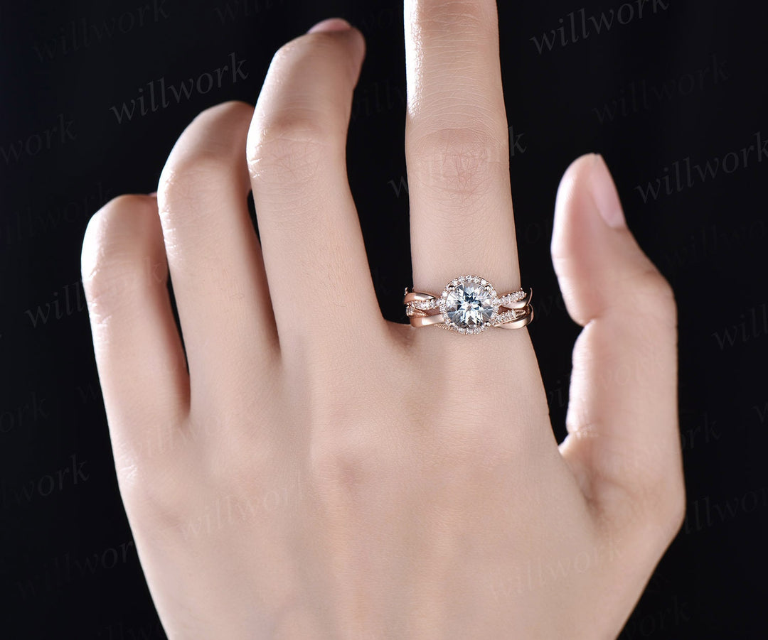 Round aquamarine bridal set rings vintage aquamarine engagement ring set full eternity diamond halo ring set March birthstone ring jewelry