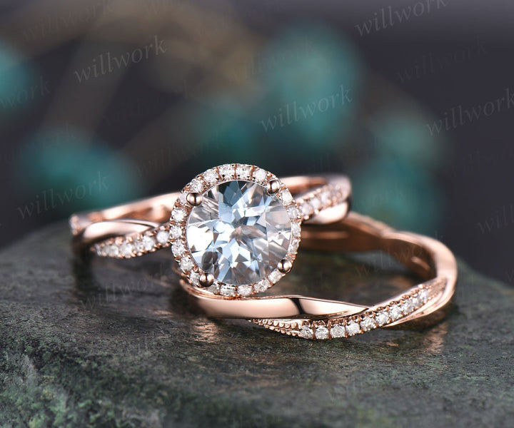 Round aquamarine bridal set rings vintage aquamarine engagement ring set full eternity diamond halo ring set March birthstone ring jewelry