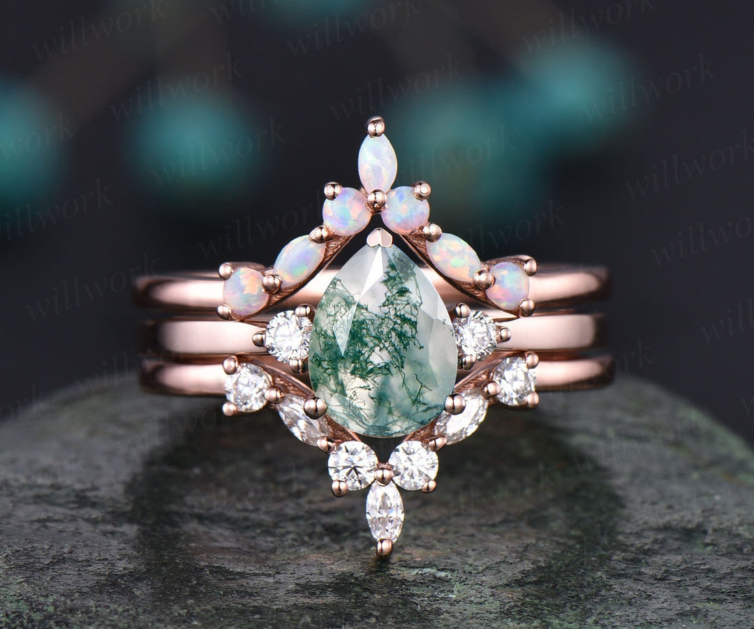 Vintage moss agate engagement ring set opal ring set marquise moissanite ring set three stone ring rose gold unique bridal set jewelry gift