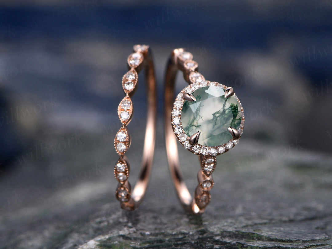 Vintage moss agate engagement ring set art deco diamond ring set rose gold ring set eternity ring marquise ring for women bridal wedding set