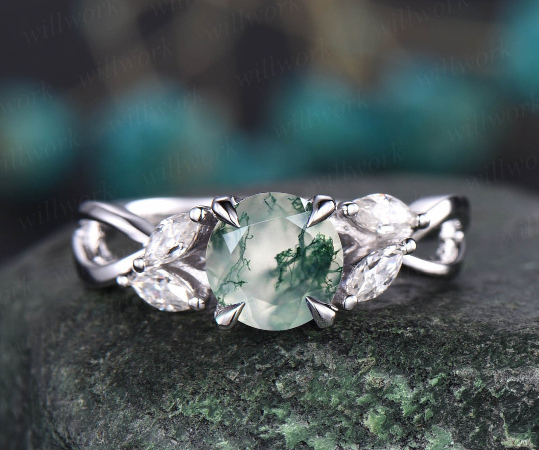 Round moss agate ring vintage moss agate engagement ring white gold for women art deco moissanite ring marquise ring wedding promise ring
