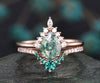 Pear moss agate ring set unique vintage moss agate engagement ring set rose gold ring set for women emerald ring set diamond crown ring gift