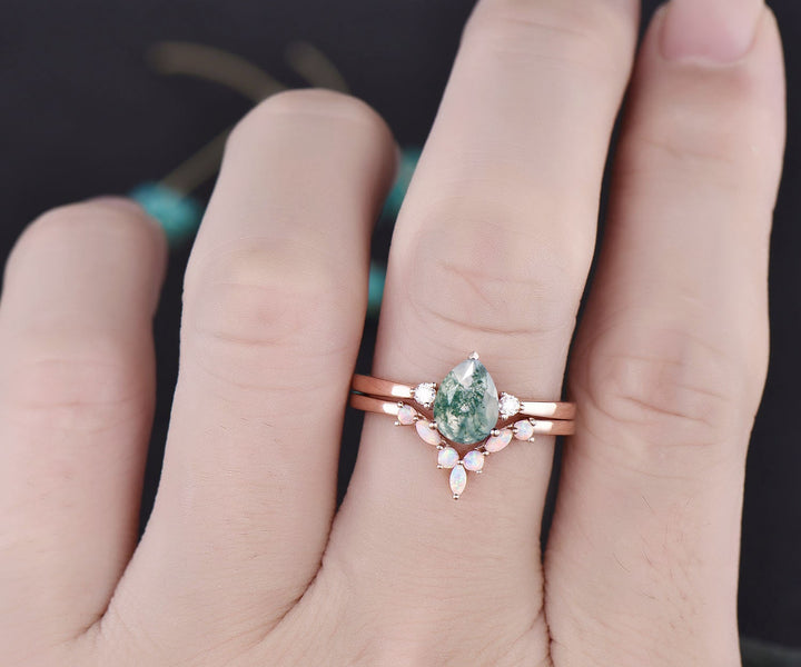 Pear shaped moss agate engagement ring set vintage art deco opal ring set marquise ring set moissanite ring set rose gold ring set jewelry