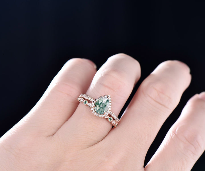2pcs moss agate bridal set vintage moss agate engagement ring set rose gold natural emerald wedding ring set marquise ring diamond halo ring
