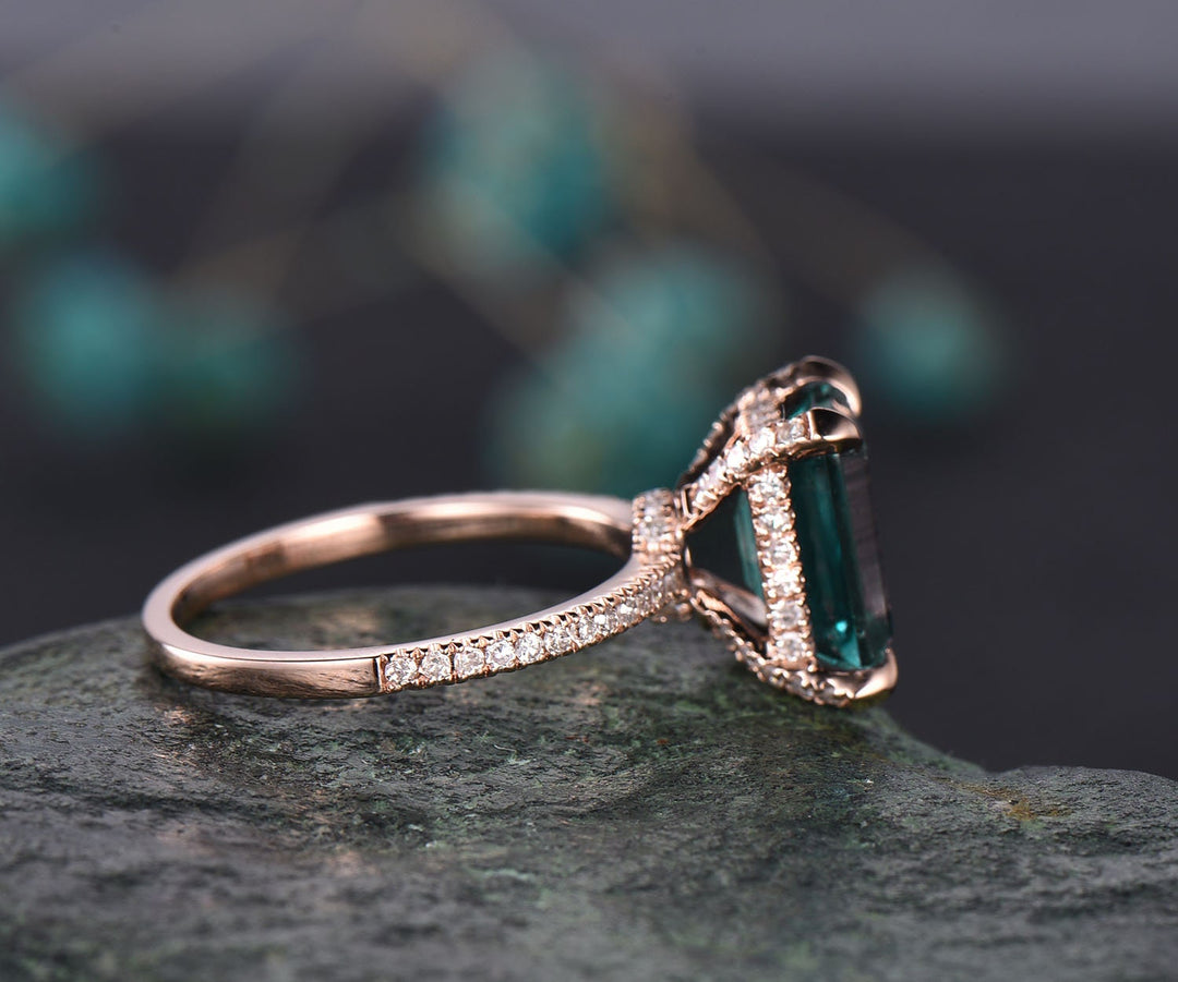 Emerald cut engagement ring vintage emerald engagement ring rose gold under halo basket diamond ring unique dainty jewelry bridal ring gift