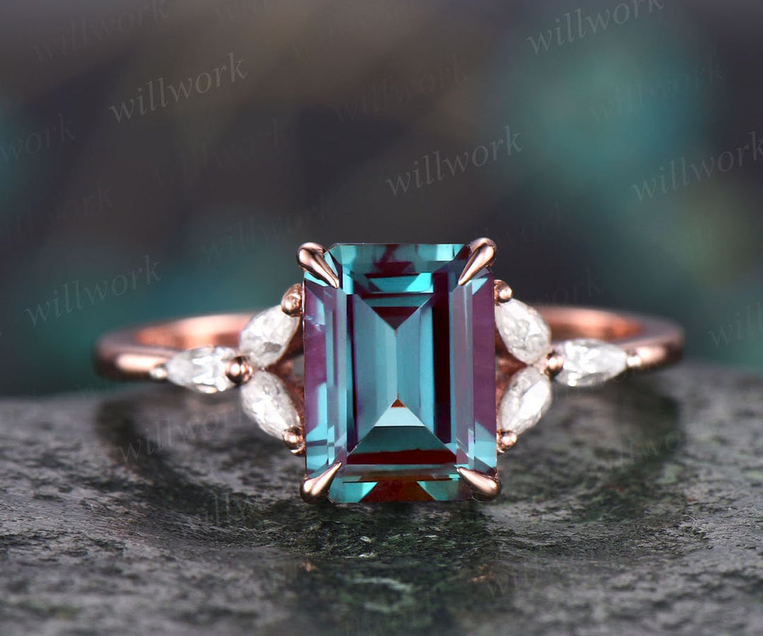 Unique vintage emerald cut engagement ring Alexandrite engagement ring pear moissanite ring rose gold women custom jewelry birthstone ring