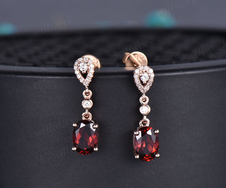 Vintaeg 1ct oval ganet earrings solid 14k rose gold ring real diamond Earrings women garnet jewelry gift her January birthstone earrings