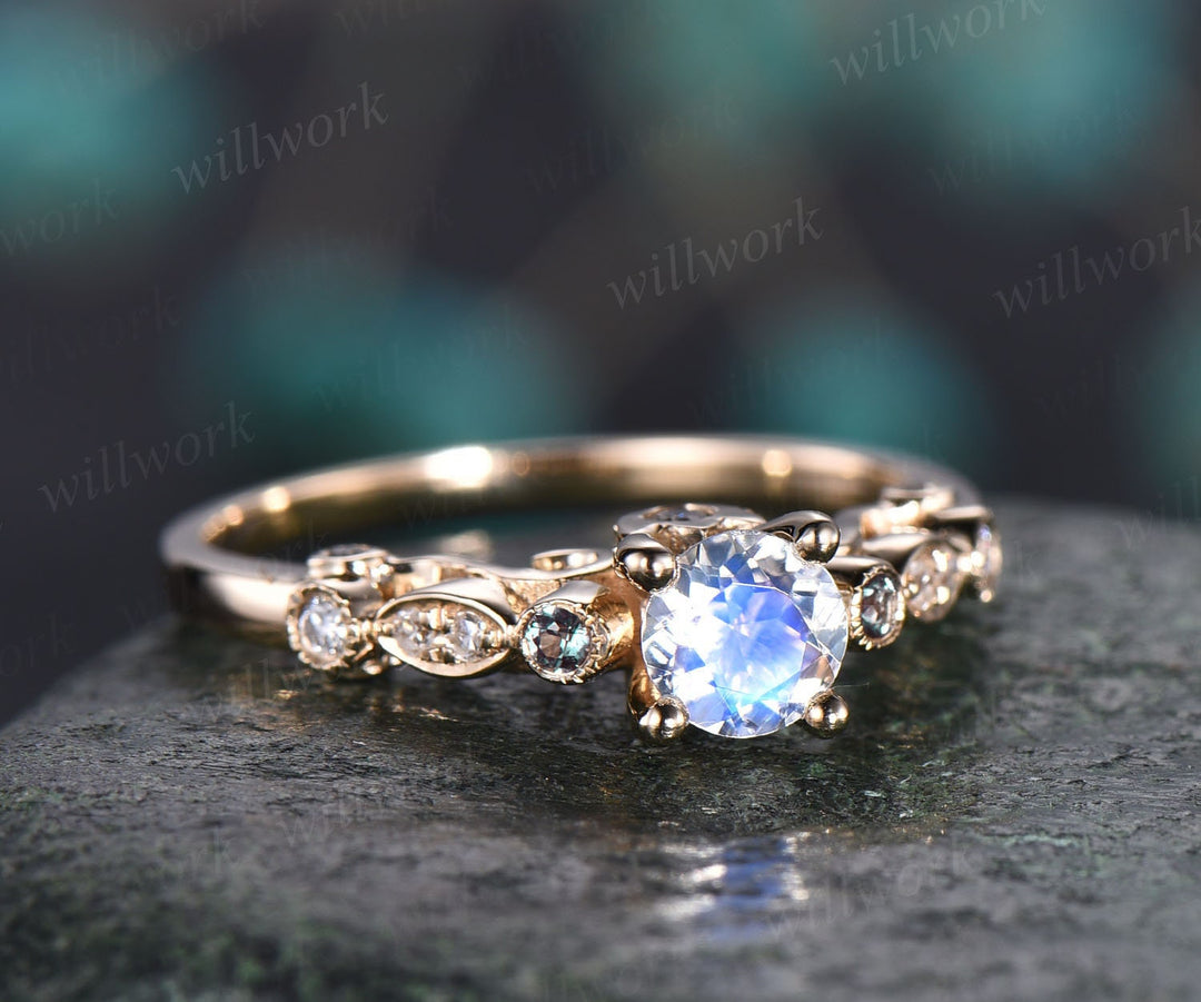 Round moonstone ring vintage moonstone engagement ring Alexandrite