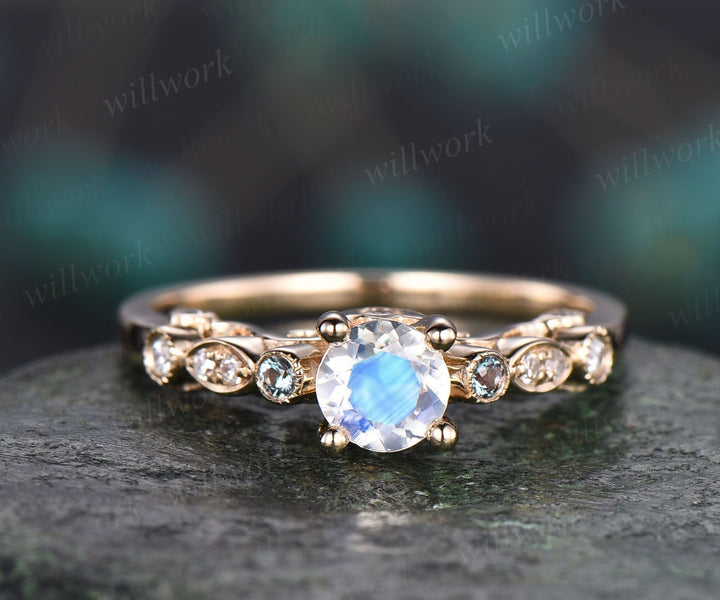 Round moonstone ring vintage moonstone engagement ring Alexandrite ring diamond ring for women yellow gold jewelry June birthstone ring gift