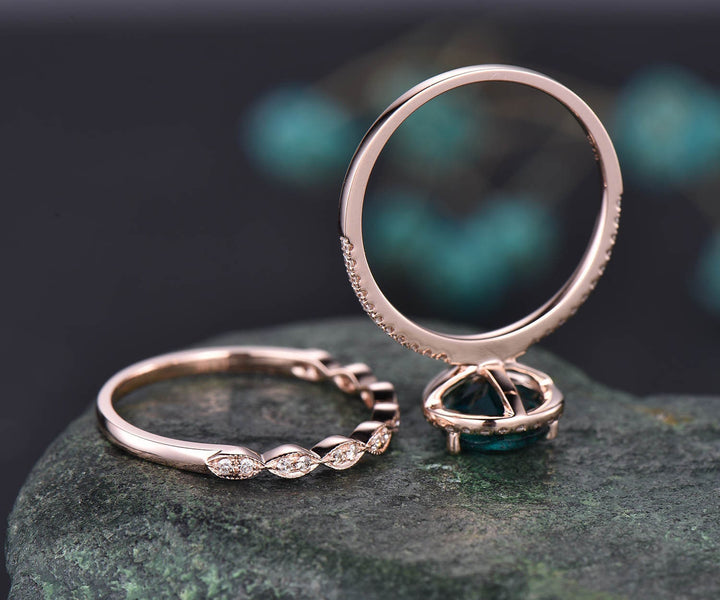 7x9mm pear Alexandrite wedding set vintage Alexandrite engagement ring set rose gold diamond halo ring women color change stone ring jewelry