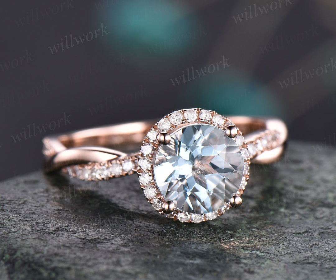 Round aquamarine ring vintage aquamarine engagement ring infinity diamond halo ring rose gold for women March birthstone ring jewelry gift