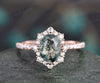 Oval moss agate ring vintage moss agate engagement ring solid 10k 14k 18k rose gold ring unique cluster halo moissanite ring eternity ring