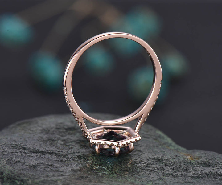 Hexagon halo diamond ring round shaped Moss agate engagement ring solid rose gold ring eternity ring women dainty jewelry anniversary gift