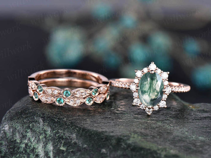 Oval vintage moss agate engagement ring set natural emerald ring set art deco diamond ring rose gold emerald bridal set rings dainty jewelry