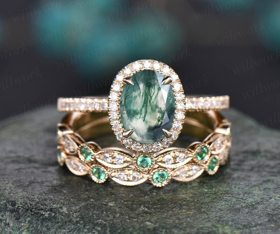 Moss agate ring set vintage moss agate engagement ring set halo moissanite ring set emerald ring set gold for women unique wedding ring set