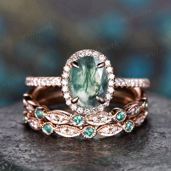 Moss agate ring set vintage moss agate engagement ring set halo moissanite ring set emerald ring set gold for women unique wedding ring set