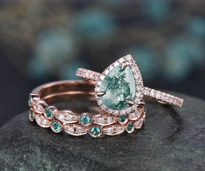 Unique vintage moss agate engagement ring set art deco diamond halo ring natural emerald ring set rose gold ring set wedding bridal set